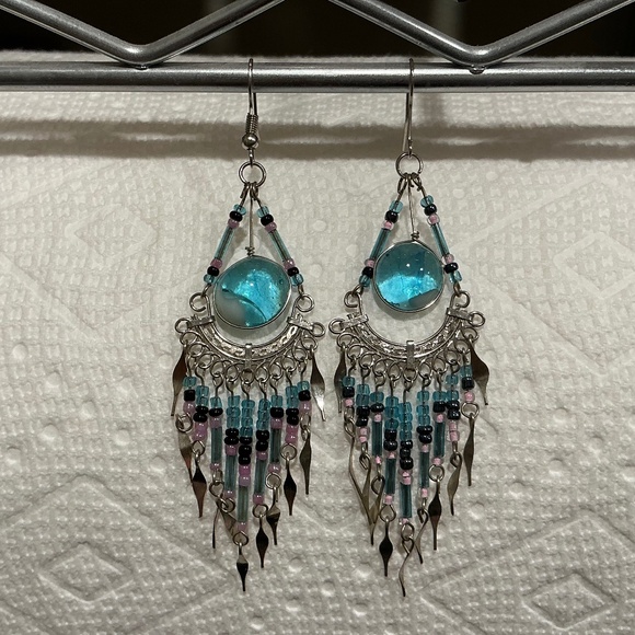 NWOT Italian Murano Glass Bead Drop Earrings Blue - Picture 1 of 2